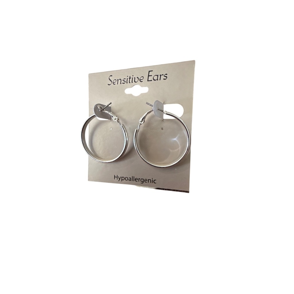 Sensitive Ears Silver Tone Hypoallergenic Hoop Earrings Medium Polished Round